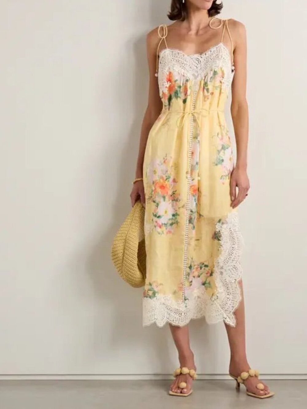 Zimmermann NWOT Everley Belted Lace-Trimmed Floral-Print Linen Midi Dress 2 US 8